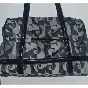 Vintage  Pierre Cardin Geometric Tote Handbag, Black/Gray Patent, Nylon,  Snap